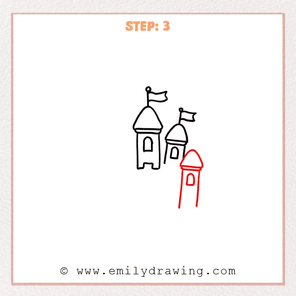 how to draw a cartoon castle - A cartoon castle with two back towers and a new taller, slimmer front tower on the lower right, with a rounded roof and an arched window.